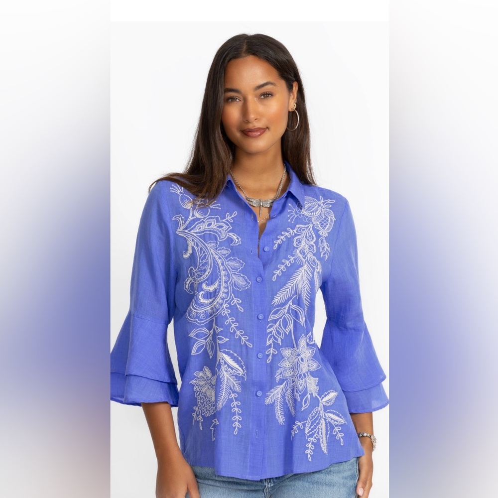 Johnny Was button down flounce shirt. NWT size M